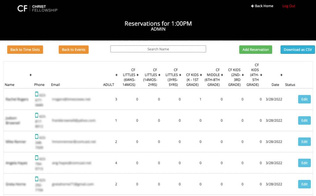 Christ Fellowship admin edit reservations