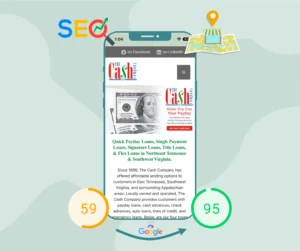 Illustration of a mobile screen showing SEO and Performance improvements for The Cash Company