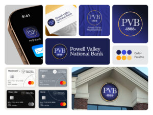Mockup of various branding uses for Powell Valley National Bank's logo